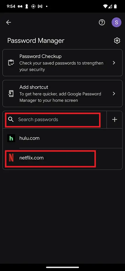 Search for password and click on Netflix on Android mobile